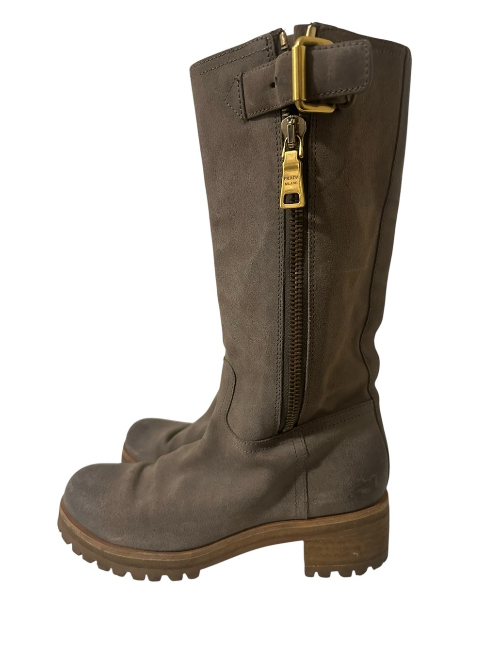 Prada Taupe Suede Over-the-Knee Boots with Gold Hardware - Picture 6 of 15